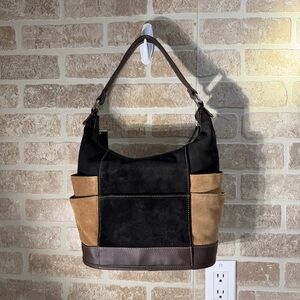 Tignanello Suede Leather Hobo Bag Colorblock Brown Tan Black Shoulder Purse